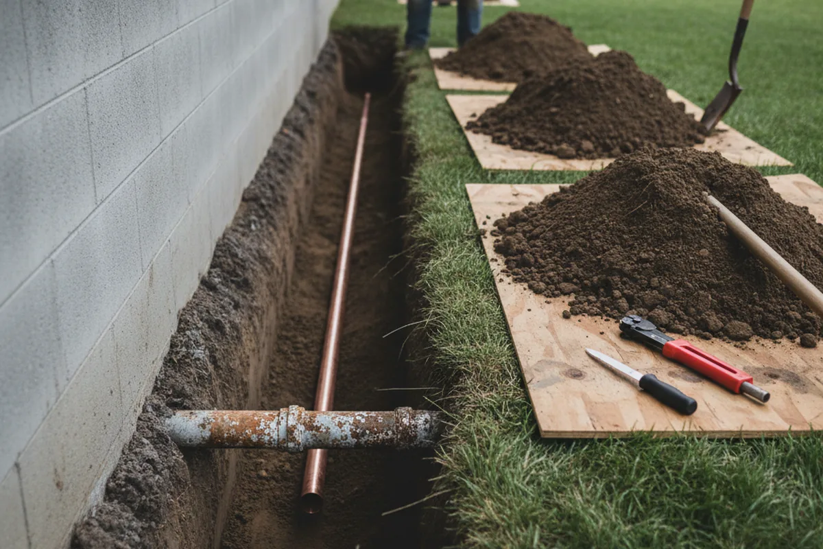 Excavated water line trench during Water Heater Repair in Lanesville